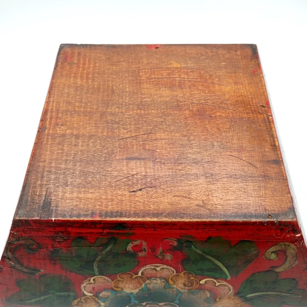 Wooden Dou Rice Grain Box Bucket‎ Red Floral Design Dove Tailed Corners